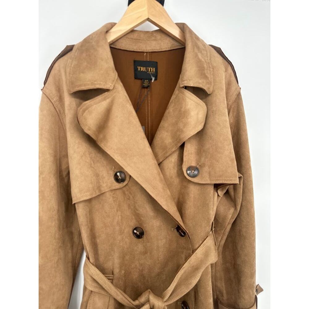 Truth By REPUBLIC Faux Leather Trench Coat Small Brown Old Money Quiet Luxury - Picture 2 of 9